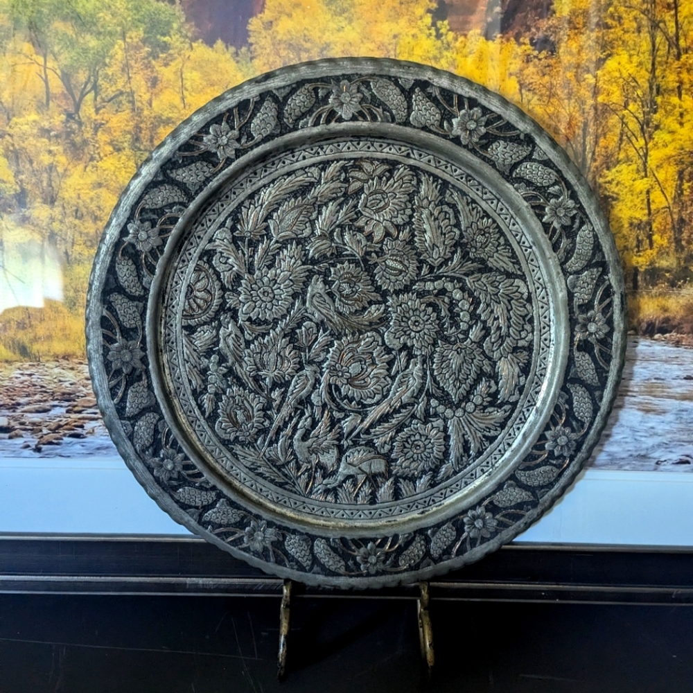 Vintage Silver Tone Copper Persian Birds Floral Design Tray Plate Wall Hanging